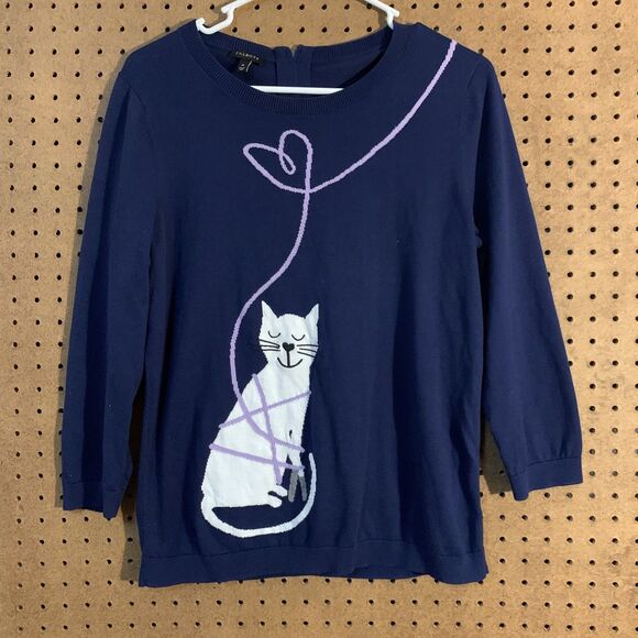 Talbots Cat Sweater Medium Pullover Heart Valentines Day Novelty Navy Blue - Picture 1 of 6
